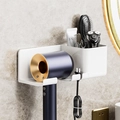 White wall-mounted hair dryer holder with storage cup and plug hook in a tiled bathroom - Large (808) / Snow White