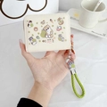 Cute cat cartoon cream leather wallet with green wristlet strap and cat charm - Pear Cat + Lanyard + Pendant