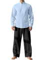 Men's light blue cotton linen Henley shirt and black drawstring pants set outfit - Light Blue + Black