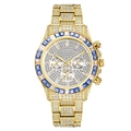 Luxury gold hip hop watch featuring full diamond setting and a blue gemstone bezel - Gold Blue