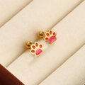 Titanium steel four leaf clover earrings with pink enamel paw print studs in jewelry box - Cat Paw / Gold/Pink