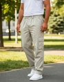 Men's light khaki cargo pants with multiple pockets and elastic drawstring waist - Beige Grey