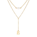 Gold stainless steel Y-shaped necklace with pearl and letter E pendant for women - Letter E Style (NC-1930G-E)