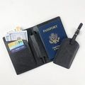 Black Saffiano PU leather passport cover and luggage tag set with multiple card slots - Black