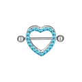 Silver heart-shaped nipple ring shield with double-row blue rhinestones and barbell - Lake Blue