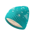 Thick cyan knitted beanie with white Christmas tree patterns and cozy fleece lining - Lake Blue