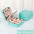 Portable mint green PU leather jewelry box with mirror for rings and necklaces - With Mirror Style / Blue