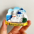 3D Santorini resin fridge magnet featuring iconic blue-domed church and sea view - (95) Santorini Greece