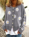 Detail of grey knitted cardigan featuring white and yellow daisy floral embroidery patterns - M / Gray