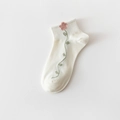 Off-white cotton ankle sock with delicate pink tulip embroidery and ribbed cuff design - Milky White Flower - Ankle