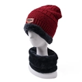 Detail of burgundy knit beanie and grey neck warmer with thick faux fur fleece lining - 2-Piece Set / Burgundy