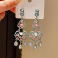 Vintage long drop earrings with sky blue beads and pink gemstones in a tiered design - Style 46# Silver Earring Post-Silver-Blue-Pink