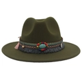 Detail of dark green wool fedora with ethnic beaded band and turquoise stone ornament - Army Green (Ethnic Decorative Band)