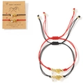 Close-up of red and black woven Pinky Promise bracelets with heart charms and card - Pearl Gold Bead Heart RB Set (JS-S24112901A-P)