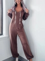 Brown long sleeve hooded jumpsuit with kangaroo pocket and white drawstrings in casual style - S / Top And Bottom / Brown