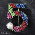 Golden number 5 brooch with colorful rhinestones and large pearl, size 3.2x4.3cm - Colorful Style 5