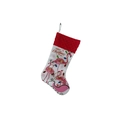 White fabric Christmas stocking with red flamingo print and Merry Christmas text - Style C (Flamingo/Sleigh/Gifts)