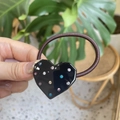 Detail of high-elasticity dark brown hair tie with heart-shaped crystal hair accessory - Black