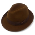 Detailed top view of a dark brown wool felt fedora hat with a coffee silk ribbon bow - Coffee