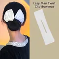 White fabric bow hair bun maker tool shown with back view of hairstyle and flat lay view - White