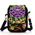 Ethnic style black crossbody mini bag featuring vibrant purple floral embroidery - Purple Peony