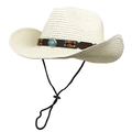 Cream western straw cowboy hat with turquoise leather band and adjustable chin strap - M (56-58cm) / Creamy White
