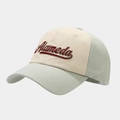 Detail of red Alameda embroidery on beige and light green cotton twill baseball cap - Light Green