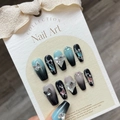 Blue and black gradient handmade press-on nails with luxury butterfly heart diamonds - Extra Small (XS)