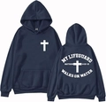 Vista fronte e retro della felpa blu navy My Lifeguard Walks On Water con stampe - S / Blu navy
