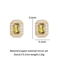 Sparkling rectangular green zircon stud earrings with golden frame and 925 silver needle - 8.2x6.1mm / Olive Green