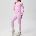 Detailed view of women's pale lavender three-piece yoga set with slim jacket and leggings - S / Top And Bottom / Sakura Pink