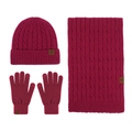 Three-piece winter knit set with hat scarf and gloves in rose red cable knit - Jujube Red 3-Piece Set