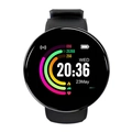 D18 smart sports watch with round black dial displaying step count and heart rate - Black