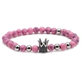 Pink marble beads bracelet with polished silver metal accents and a black zircon crown charm - Pink Zebra Jasper Silver Crown Single Bracelet