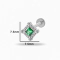 F136 titanium stud with 7.5mm square green gemstone and sparkling clear crystals - Silver Square with Green Gem (T2506-5# Silver)