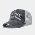 Detailed side view of distressed gray ponytail hat with white mesh and embroidery - Dark Grey with White Mesh Hot Mess Embroidery (Color #6)
