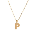 Detail shot of golden letter P pendant with unique honeycomb texture on fine chain - Letter P