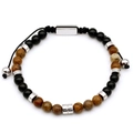 Men's adjustable tiger eye and black agate beaded bracelet with silver metal buckle - Picture Stone Style (B069)