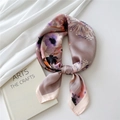 Lotus pink satin square scarf with floral patterns tied in a chic knot detail - Purple Flower
