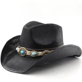 Classic black straw cowboy hat with turquoise stone belt and vintage western style - M (56-58cm) / Black