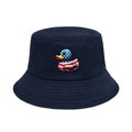 Close-up of the cotton canvas bucket hat featuring a colorful USA flag cartoon duck - M (56-58cm) / Navy Blue