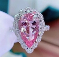 Pear cut sakura pink morganite ring with double halo diamond setting and pavé band - Pink Zirconia Ring [Adjustable Opening]