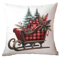Housse de coussin blanche avec traîneau à carreaux buffalo et sapins de Noël - 45*45cm Peluche Courte Simple Face Sans Coeur / CRD16-5 (Traîneau de Noël à Carreaux)