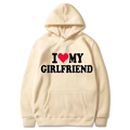 Cream hoodie featuring black I Heart My Girlfriend bold print and red heart detail - S / Tops / Khaki