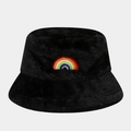 Detail of black faux fur bucket hat featuring a colorful rainbow embroidery on soft plush fabric - One Size / Black