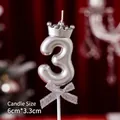 Silver number 3 birthday candle with crown and bow decoration, 6cm size dimension - Number Candle Silver Crown Bow 3