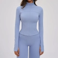 Nauwsluitende mistblauw yoga-set met ritsjasje met opstaande kraag en legging - S / Grijsblauw