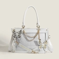 White PU leather Lolita handbag with decorative butterfly accents and golden chain strap - White Gold Butterfly