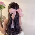 Pink oversized silk bow hair claw clip for girls, elegant back view hairstyle accessory - 054 Long Streamer Bow Spring Clip [Pink]