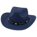 Chapeau de cow-boy en paille bleu foncé avec pierres turquoises et rivets argentés - Taille Unique(56-58cm) / Bleu marine